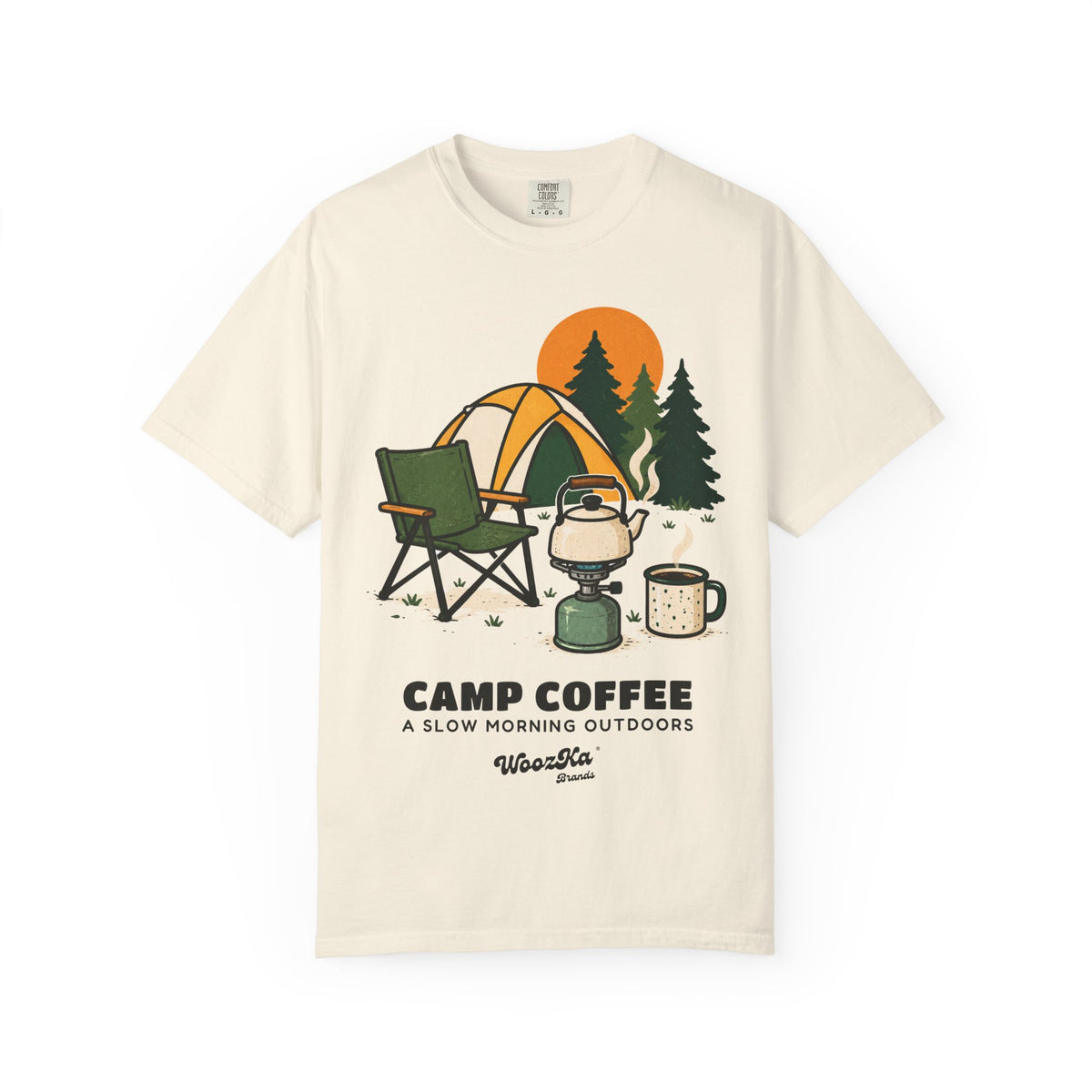 WoozKa Brands Camp Coffee Camping Garment-Dyed T-Shirt, Front Graphic