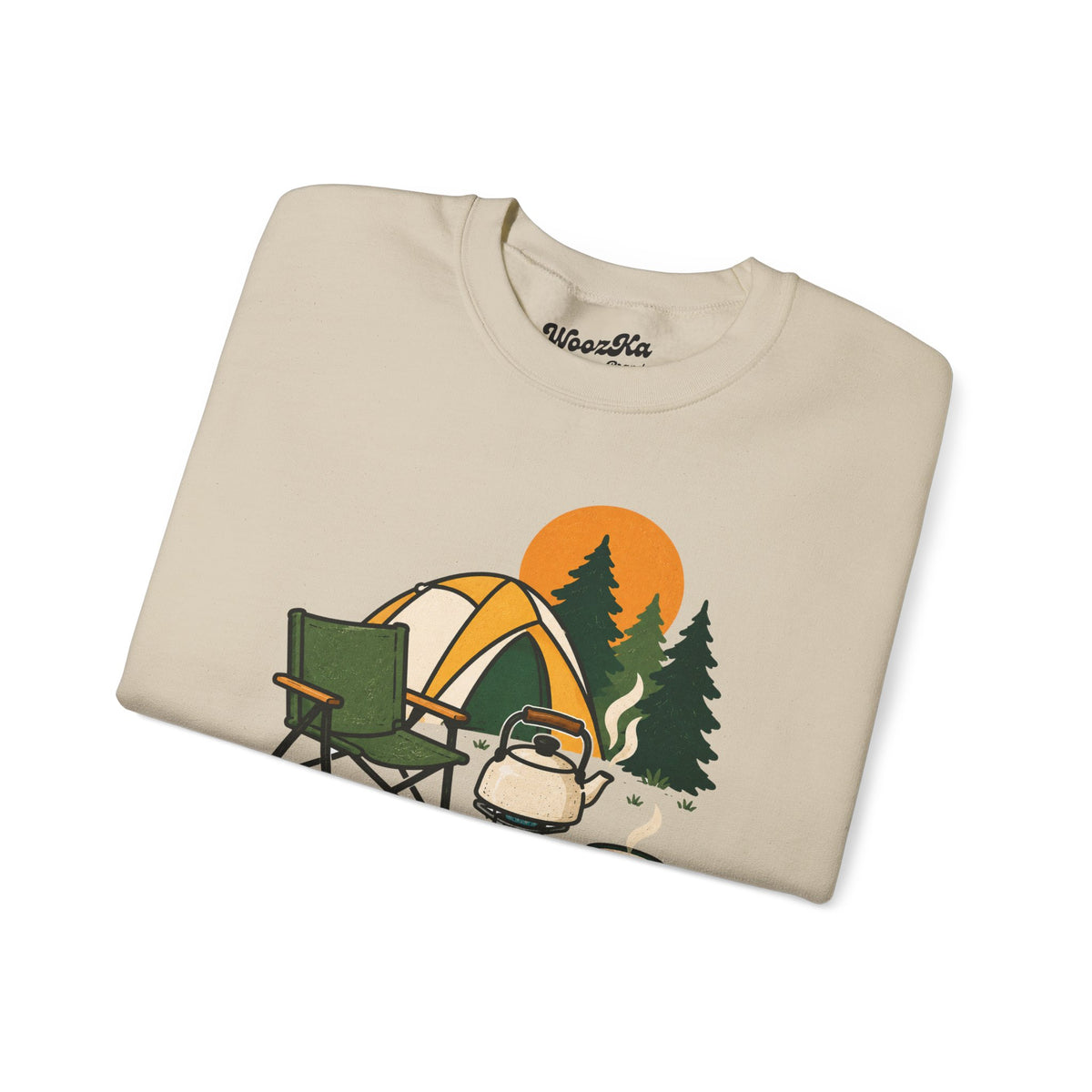 WoozKa Brands Camp Coffee Camping Crewneck Sweatshirt, Front Graphic