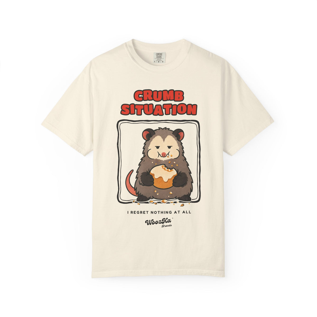 WoozKa Brands Crumb Situation Opossum Garment-Dyed T-Shirt, Front Graphic