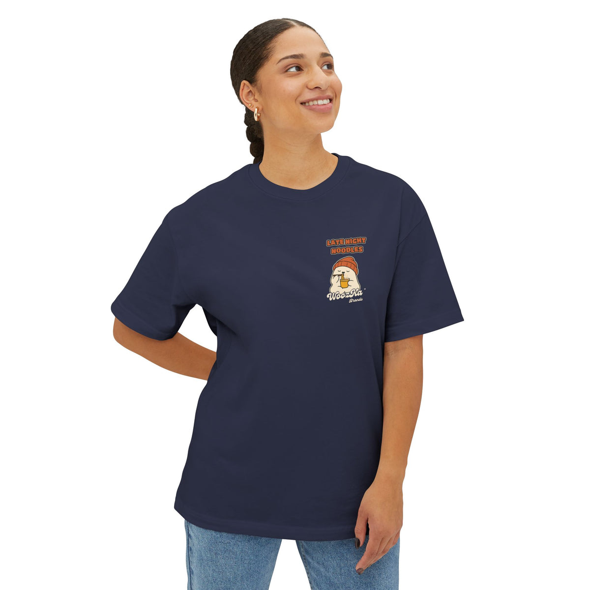 WoozKa Brands Late Night Noodles Ghost Oversized Boxy T-Shirt, Two-Sided