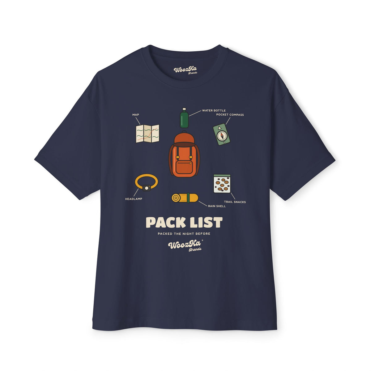 WoozKa Brands Hiking Oversized Tee, Backpacking Gear List Front Print