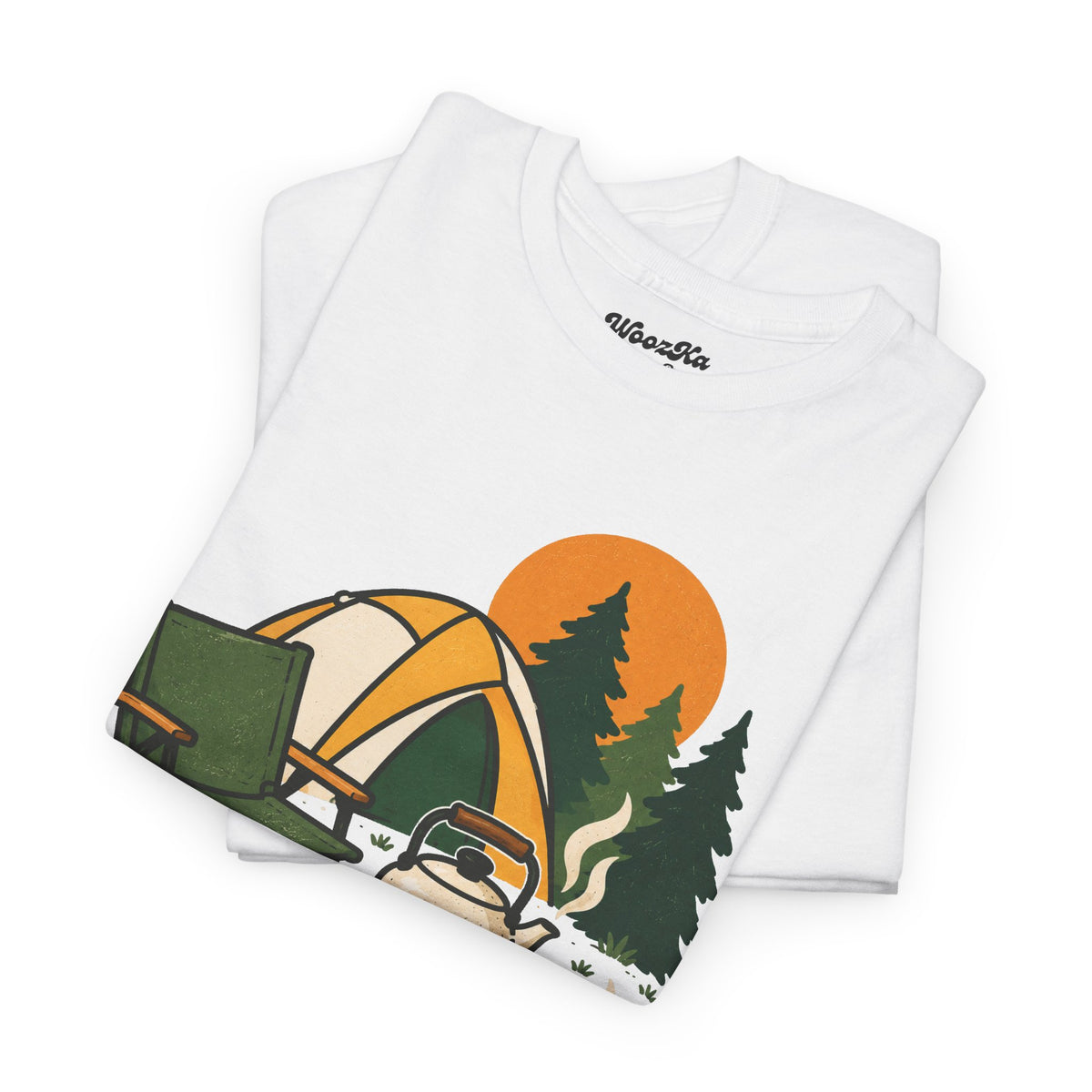WoozKa Brands Camp Coffee Camping Heavy Cotton T-Shirt, Front Graphic