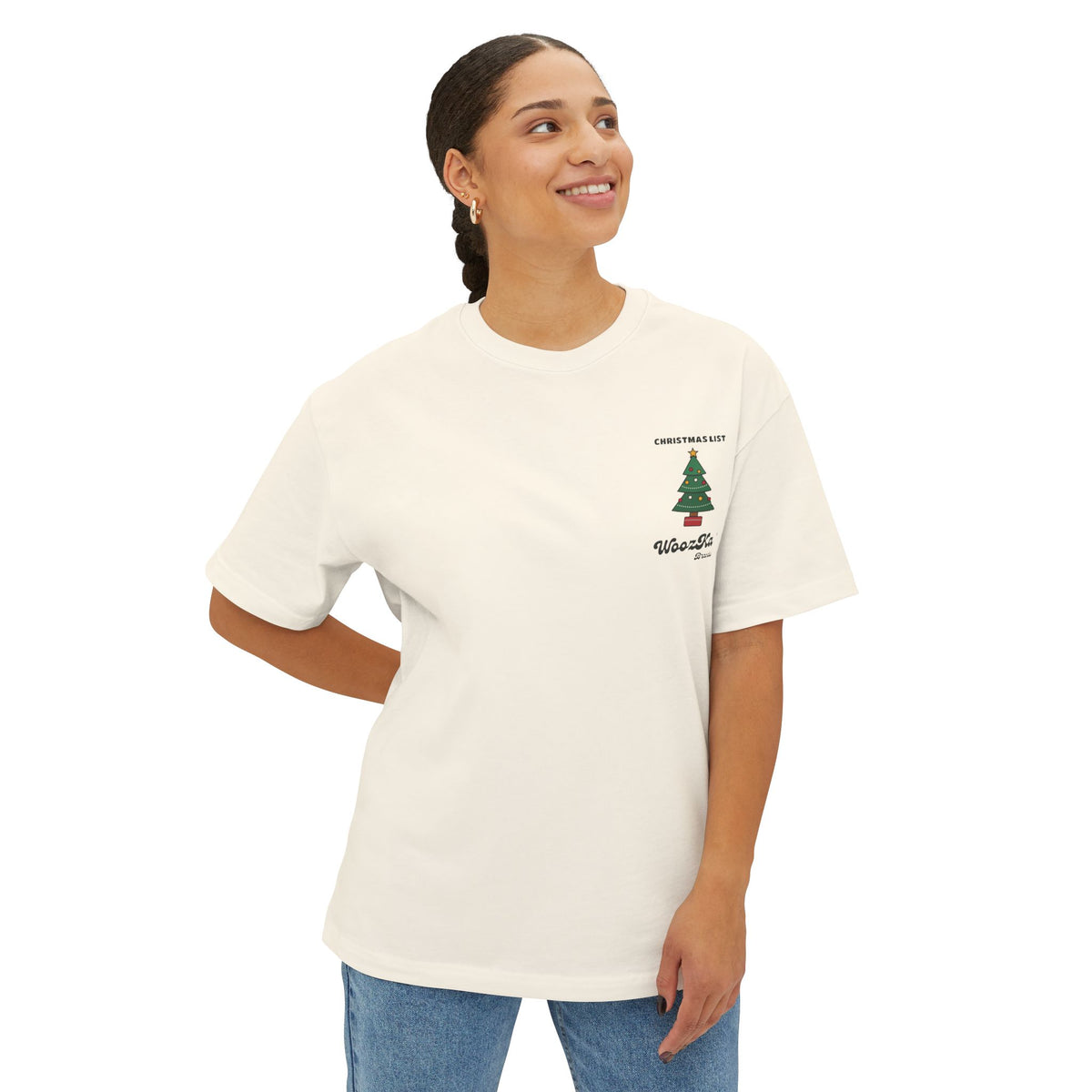 WoozKa Brands Cute Christmas Tree Oversized Tee, Holiday List Back Print