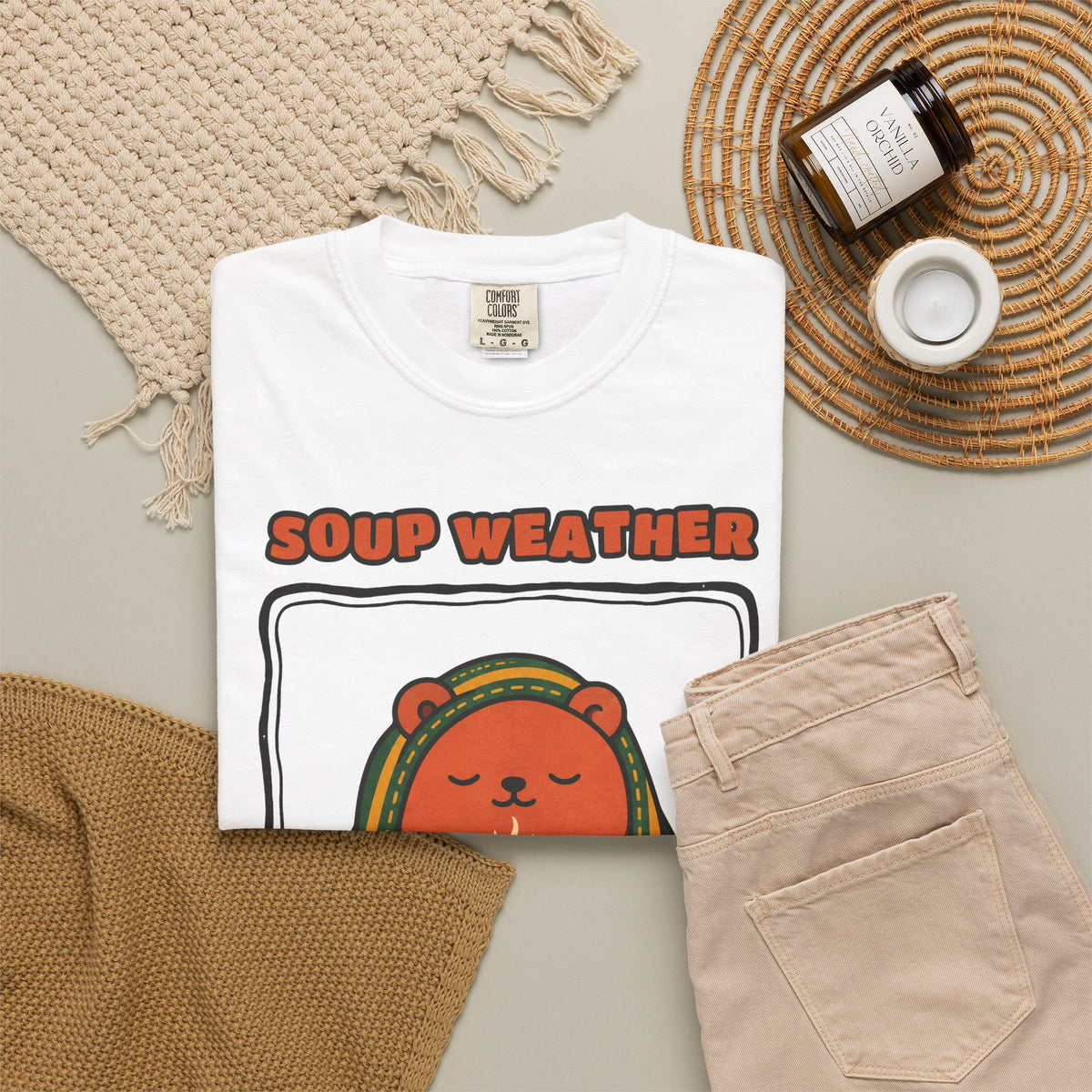 WoozKa Brands Soup Weather Bear Garment-Dyed T-Shirt, Front Graphic