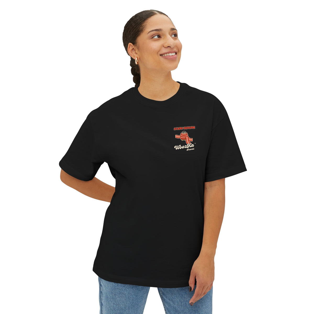 WoozKa Brands Scarf Season Penguin Oversized Boxy T-Shirt, Two-Sided
