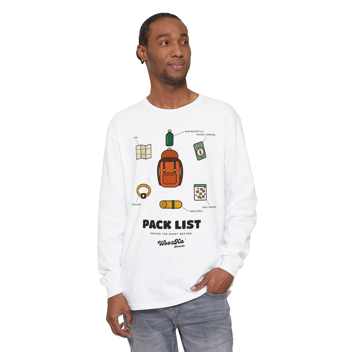 WoozKa Brands Hiking Long Sleeve Tee, Backpacking Gear List Front Print