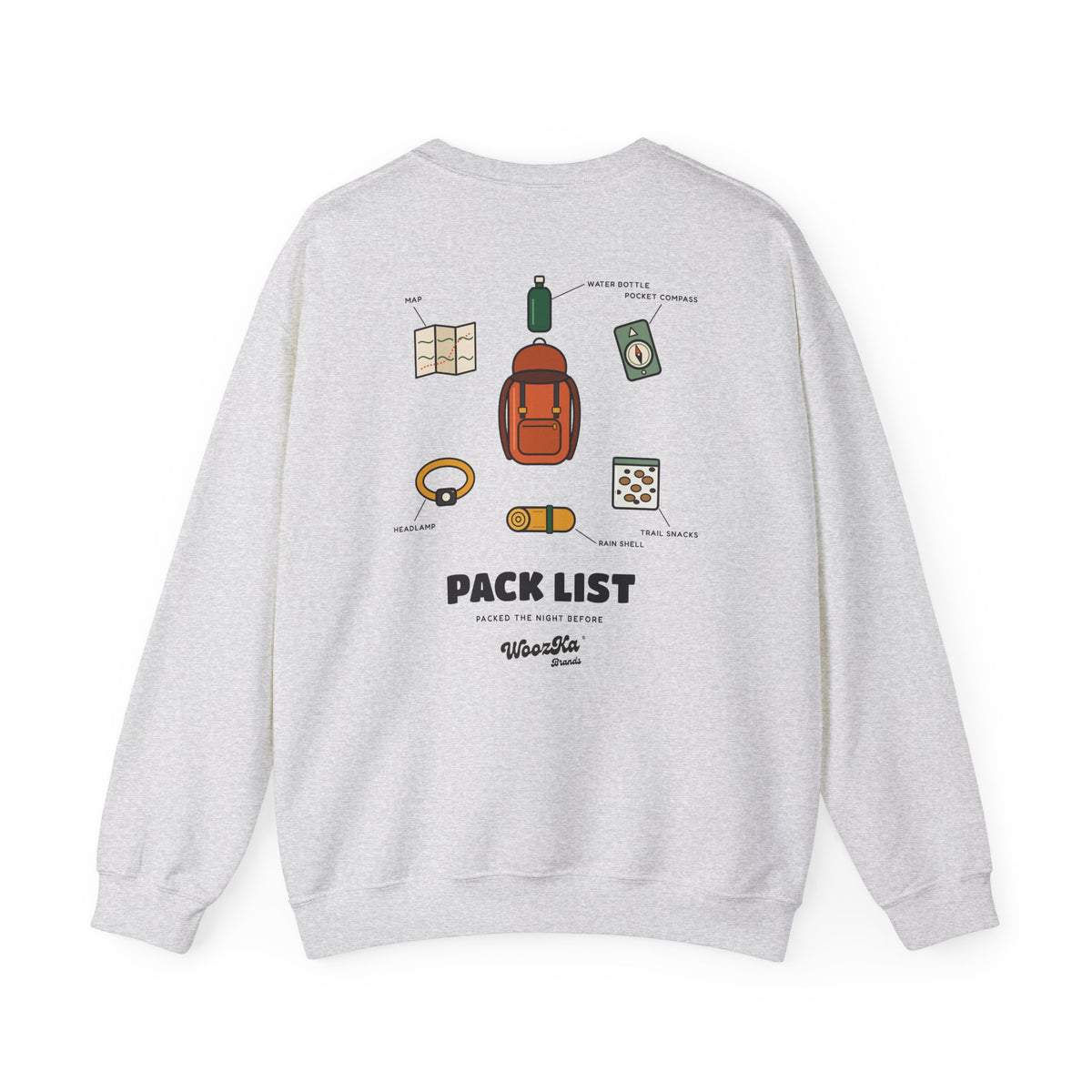 WoozKa Brands Hiking Sweatshirt, Backpacking Gear List Back Print