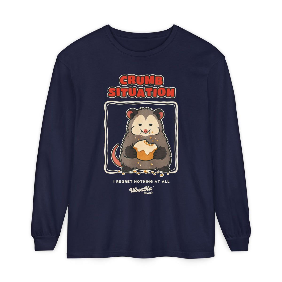 WoozKa Brands Crumb Situation Opossum Long Sleeve T-Shirt, Front Graphic
