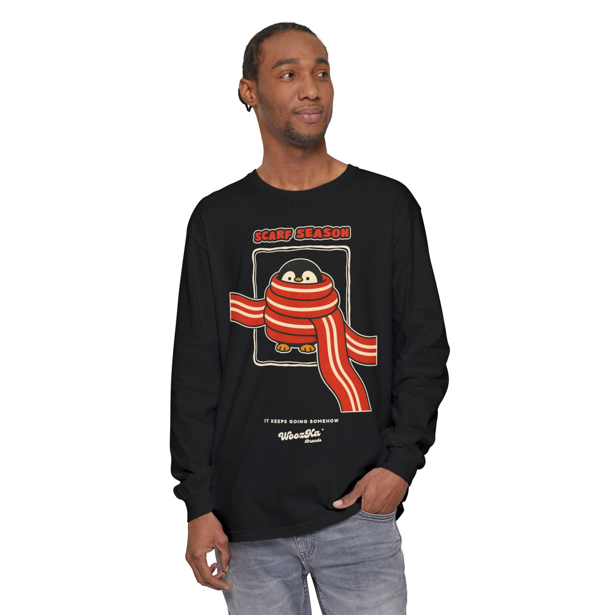 WoozKa Brands Scarf Season Penguin Long Sleeve T-Shirt, Front Graphic