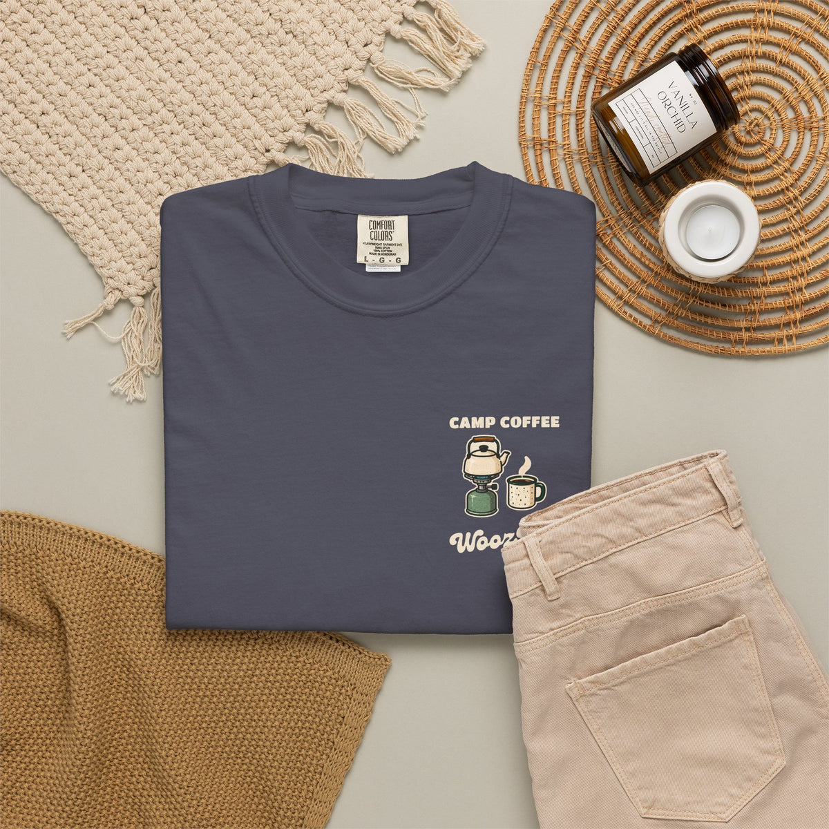 WoozKa Brands Camp Coffee Camping Garment-Dyed T-Shirt, Two-Sided Graphic