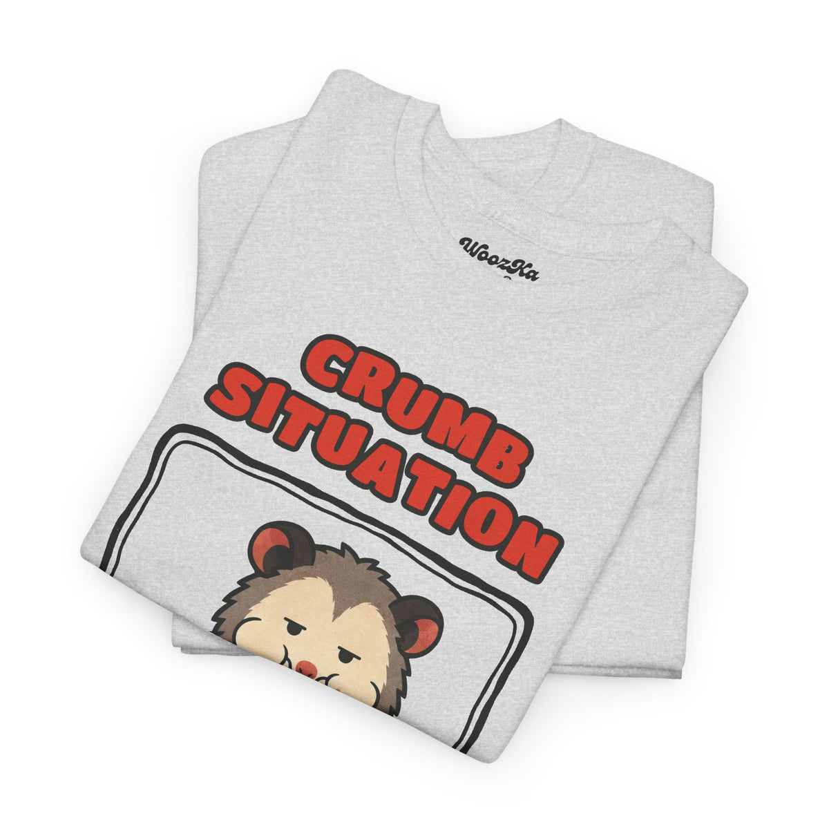 WoozKa Brands Crumb Situation Opossum Heavy Cotton T-Shirt, Front Graphic