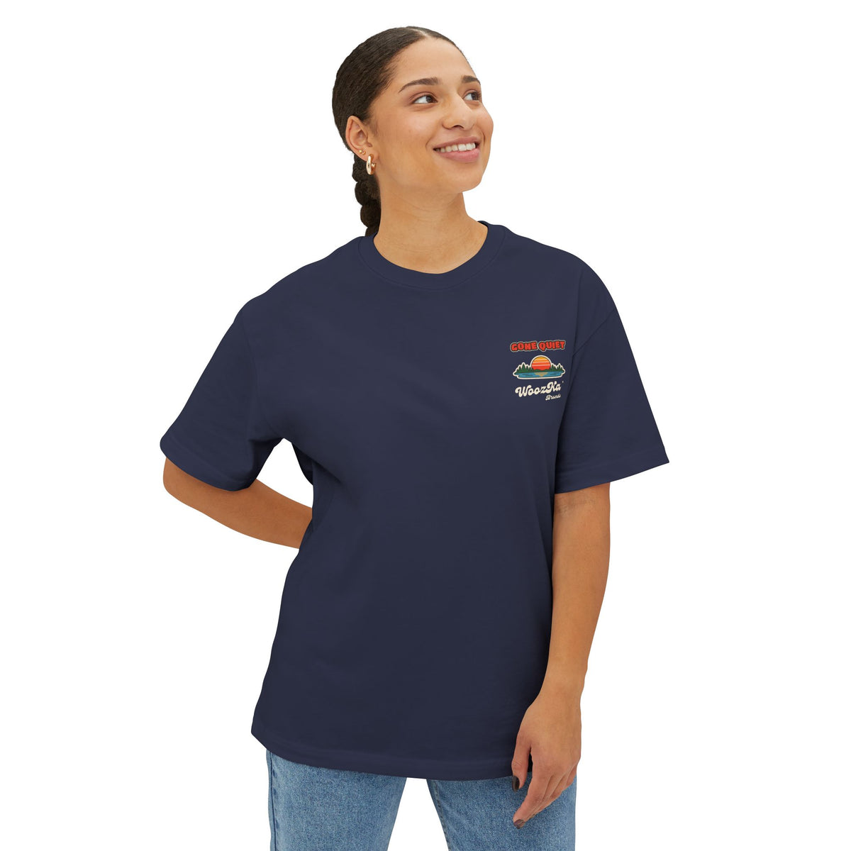 WoozKa Brands Retro Sunset Lake Oversized Tee, Nature Outdoors Back Print
