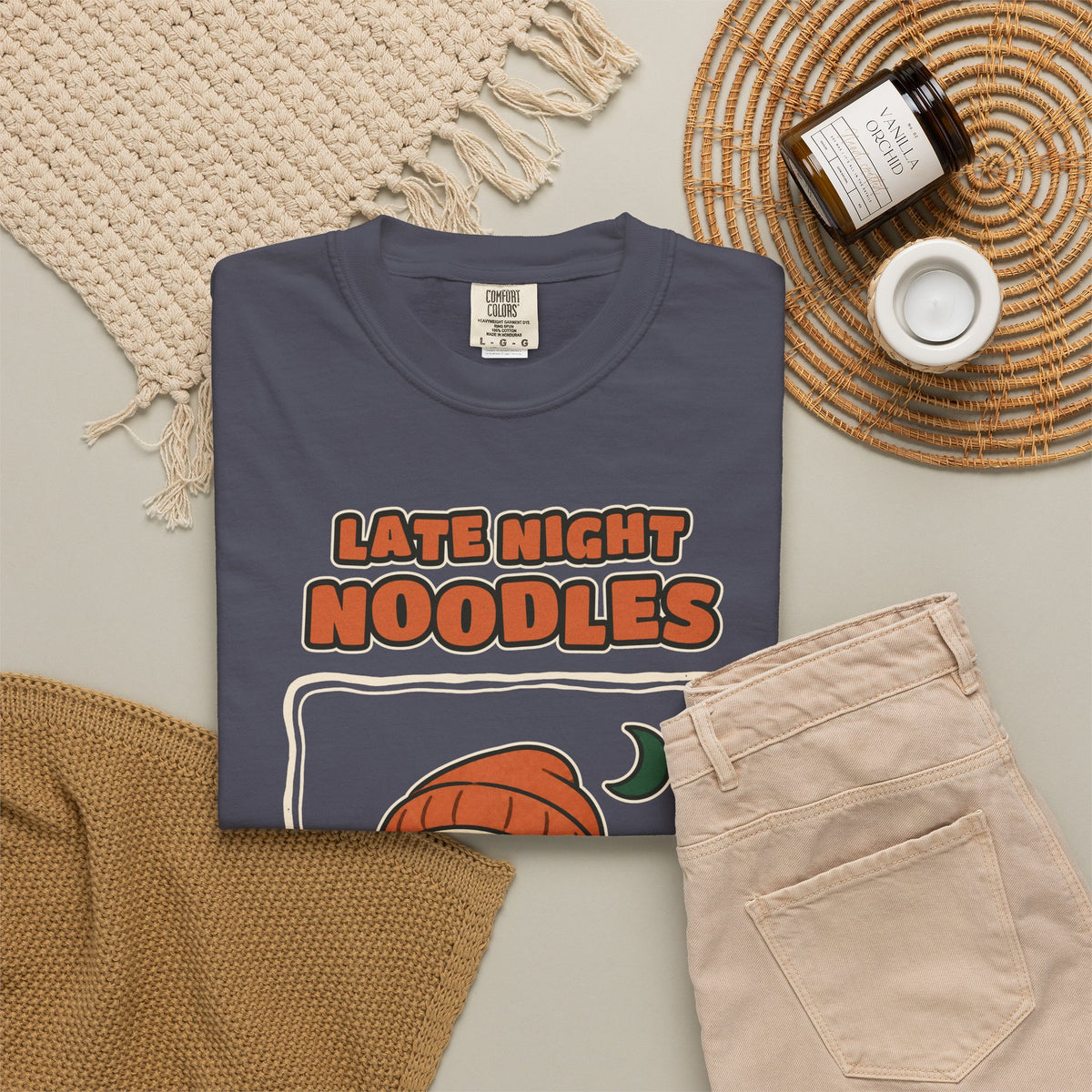 WoozKa Brands Late Night Noodles Ghost Garment-Dyed T-Shirt, Front Graphic