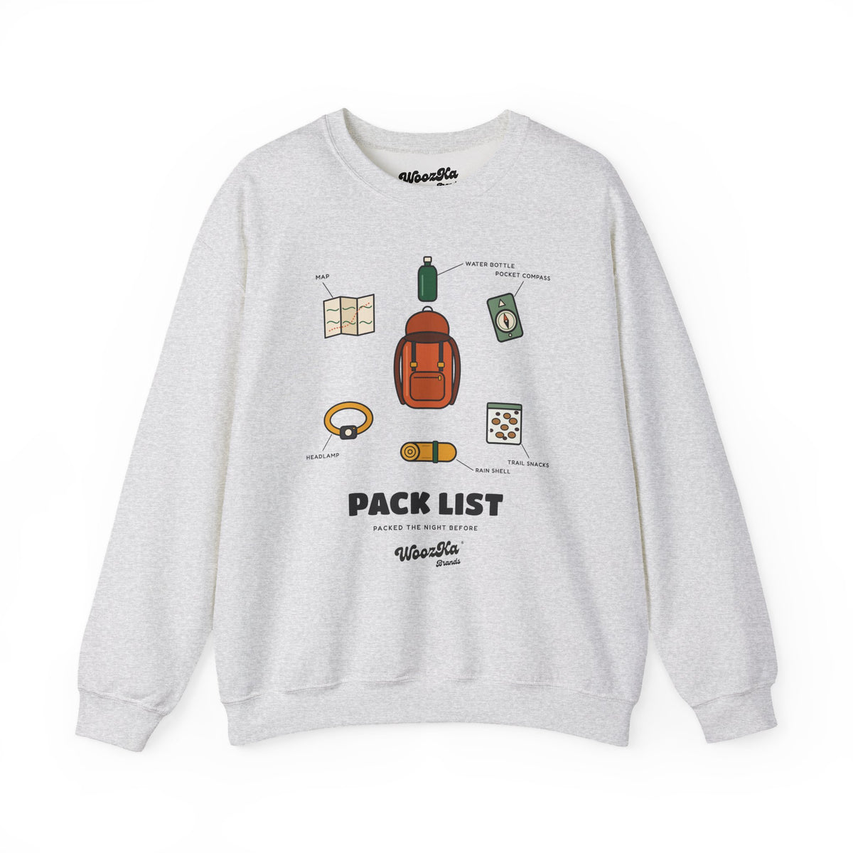 WoozKa Brands Hiking Sweatshirt, Backpacking Gear List Front Print