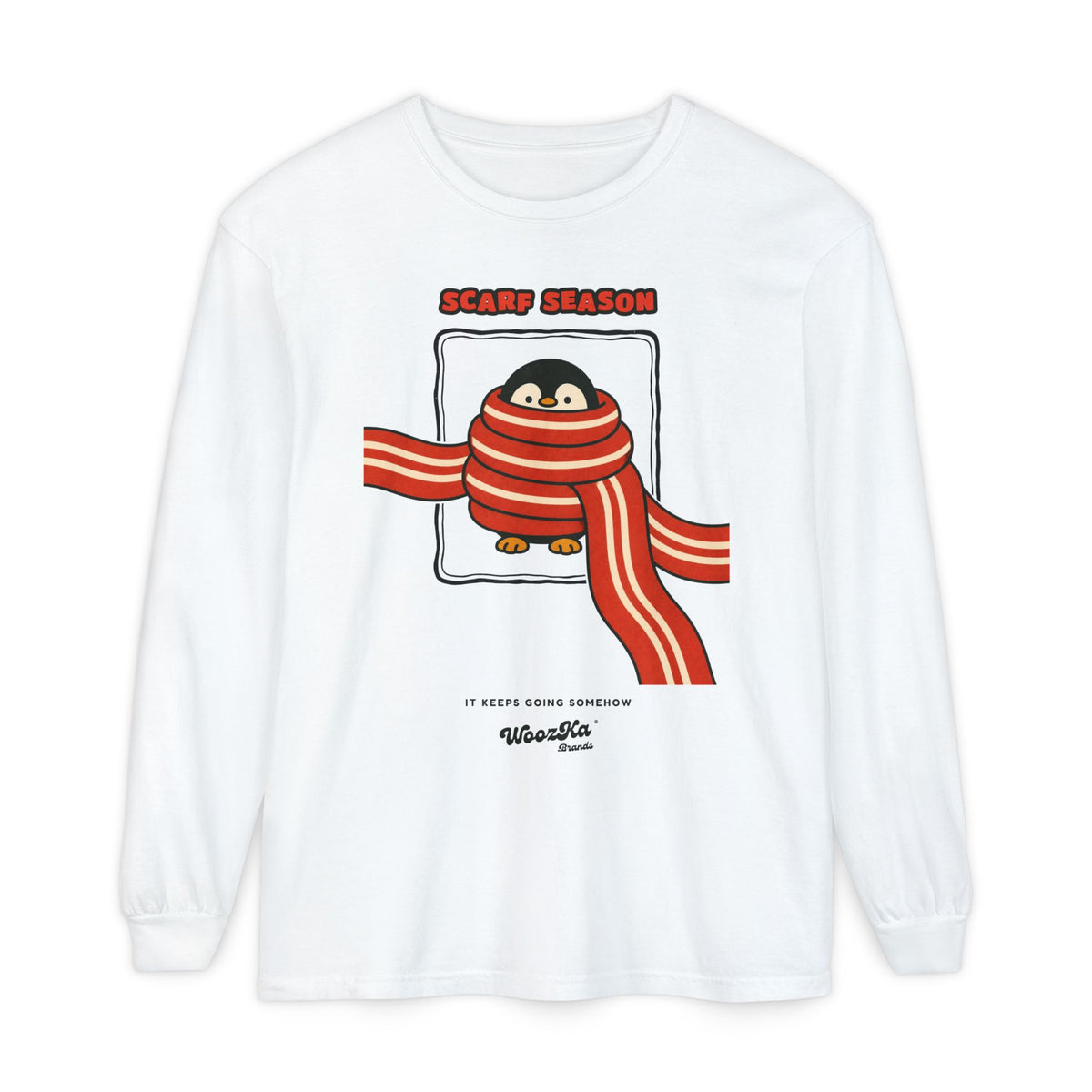 WoozKa Brands Scarf Season Penguin Long Sleeve T-Shirt, Front Graphic