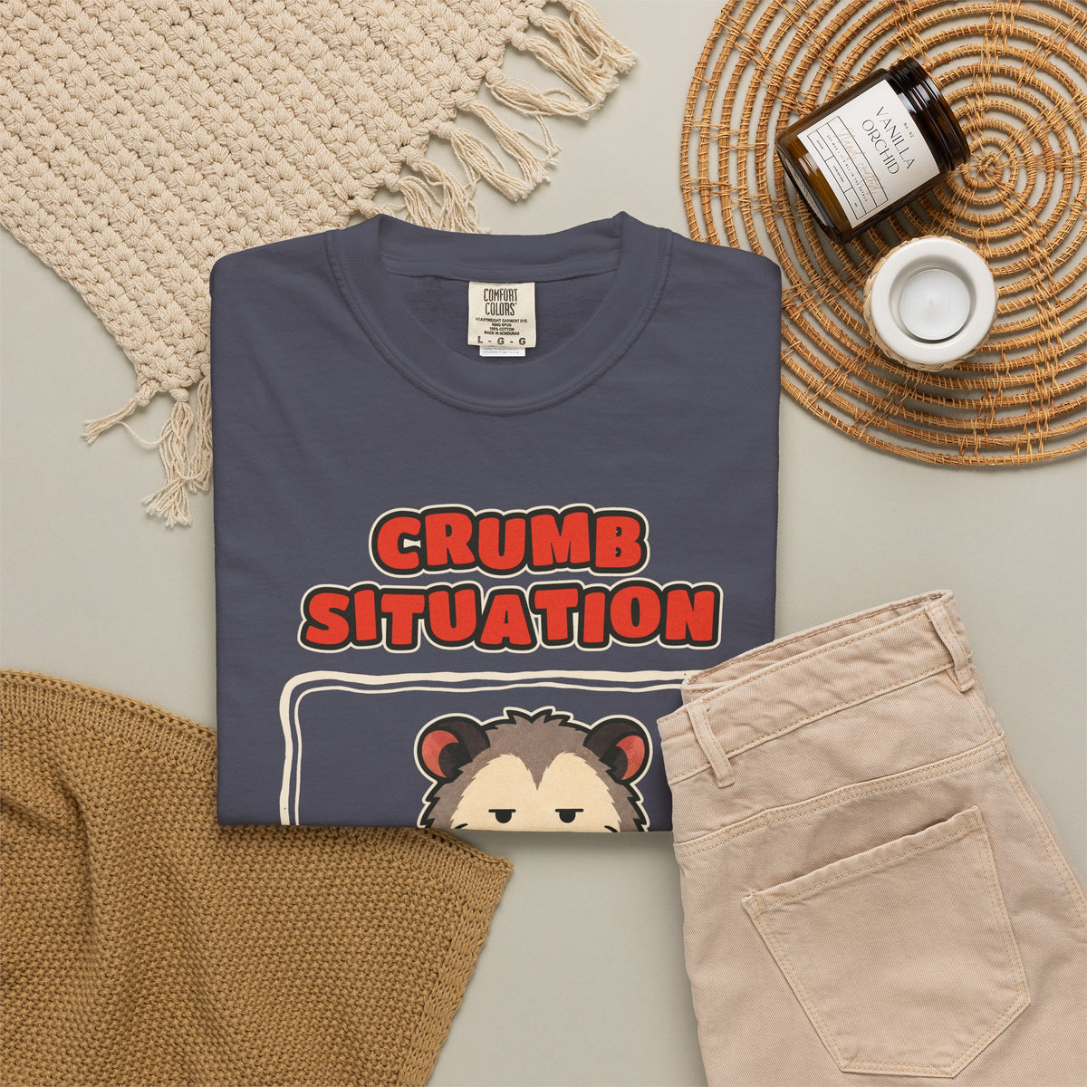 WoozKa Brands Crumb Situation Opossum Garment-Dyed T-Shirt, Front Graphic