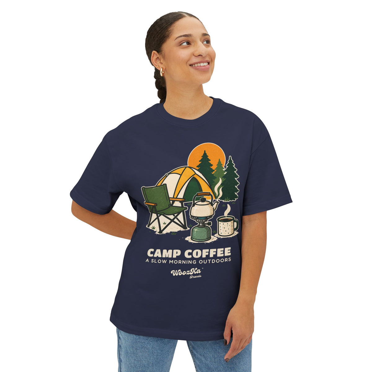 WoozKa Brands Camp Coffee Camping Oversized Boxy T-Shirt, Front Graphic
