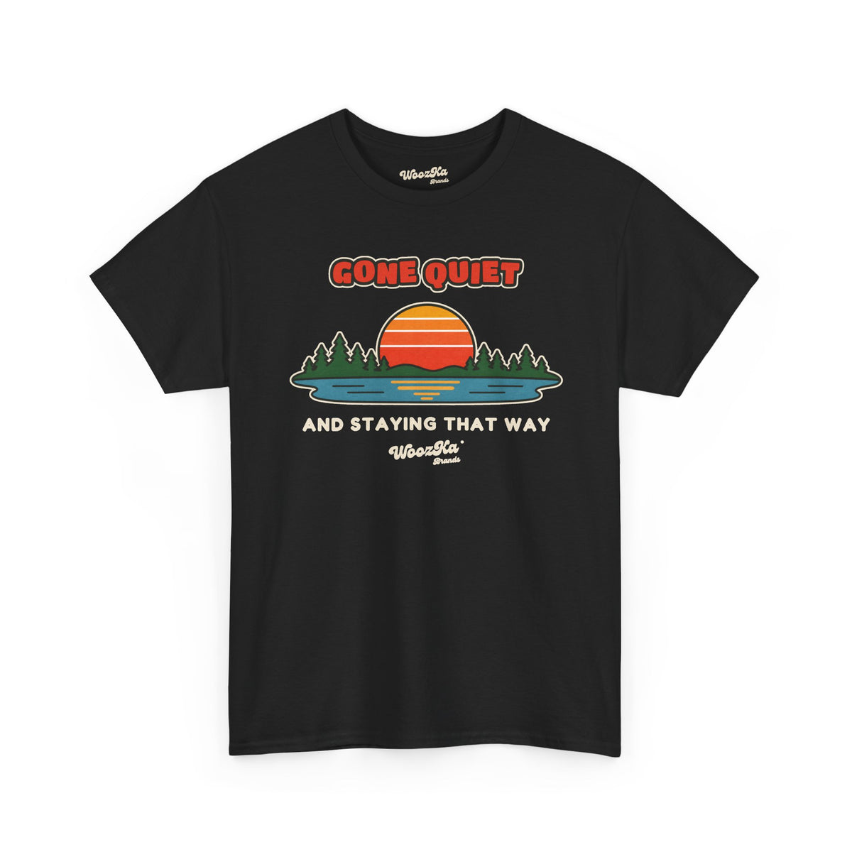 WoozKa Brands Retro Sunset Lake T-Shirt, Nature Outdoors Pine Front Print
