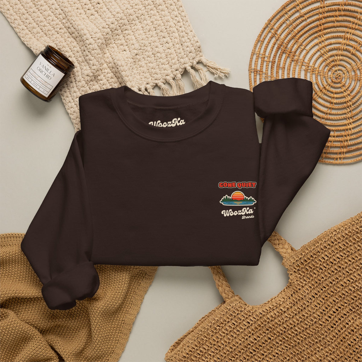 WoozKa Brands Retro Sunset Lake Sweatshirt, Nature Outdoors Pine Back Print