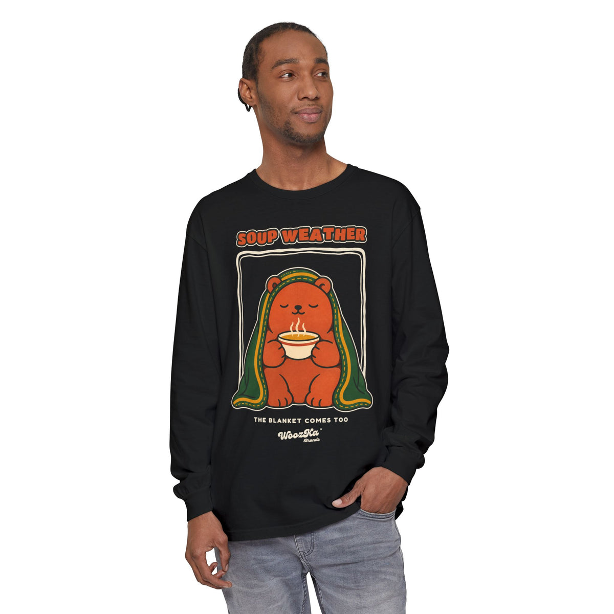 WoozKa Brands Soup Weather Bear Long Sleeve T-Shirt, Front Graphic