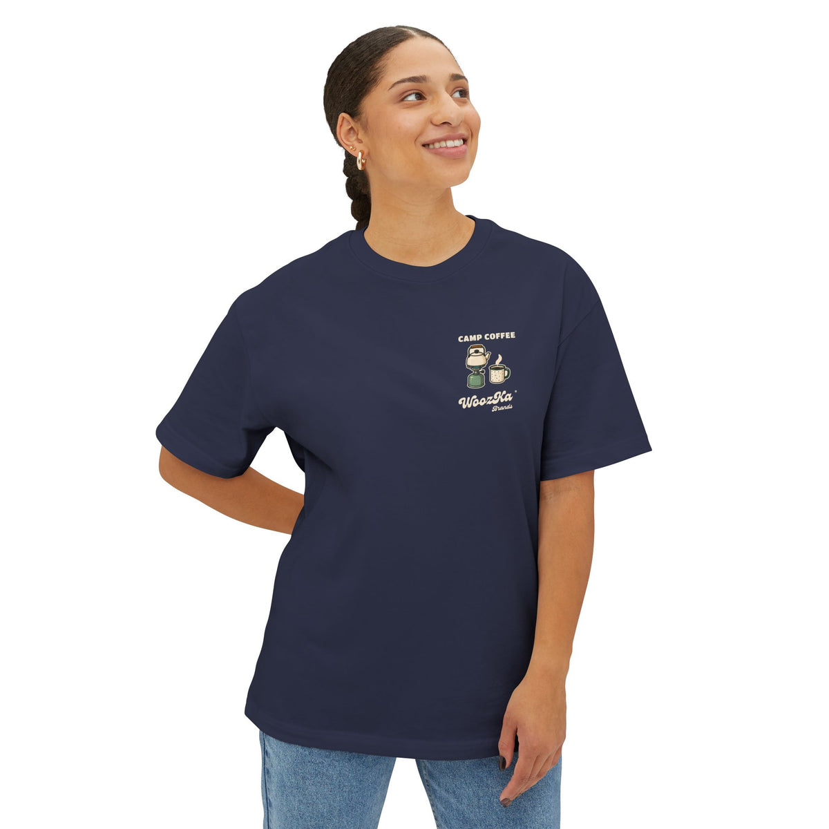 WoozKa Brands Camp Coffee Camping Oversized Boxy T-Shirt, Two-Sided Graphic