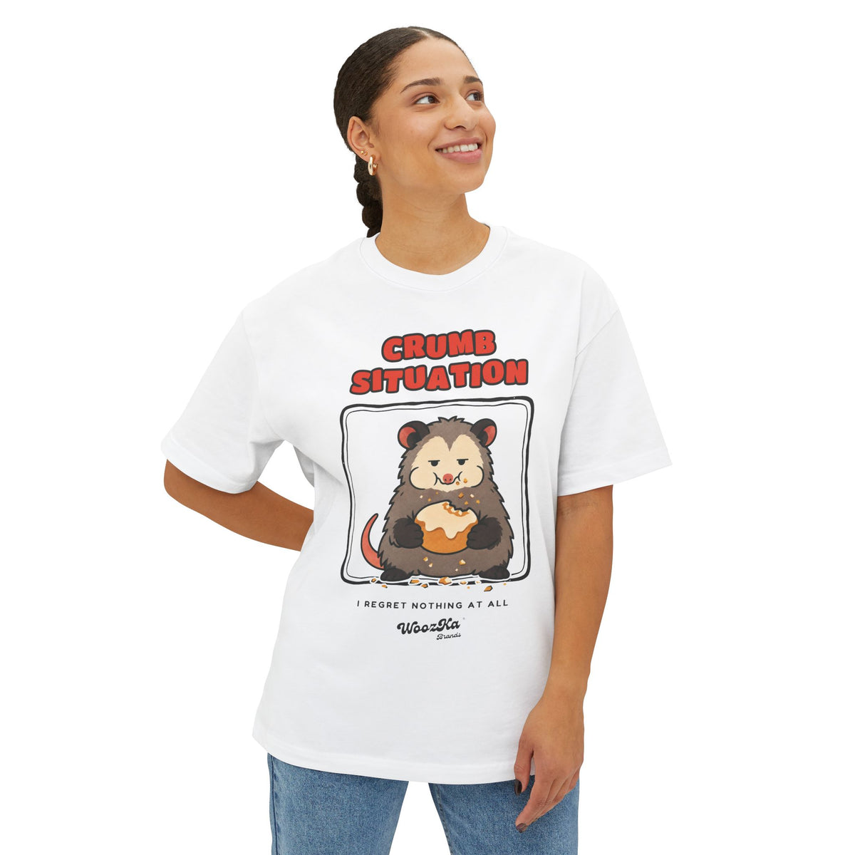 WoozKa Brands Crumb Situation Opossum Oversized Boxy T-Shirt, Front Graphic