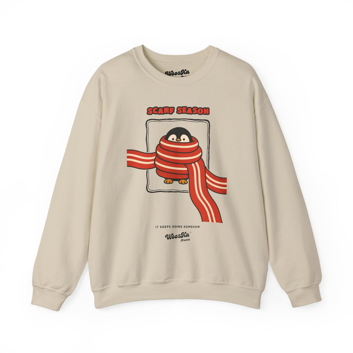 WoozKa Brands Scarf Season Penguin Crewneck Sweatshirt, Front Graphic