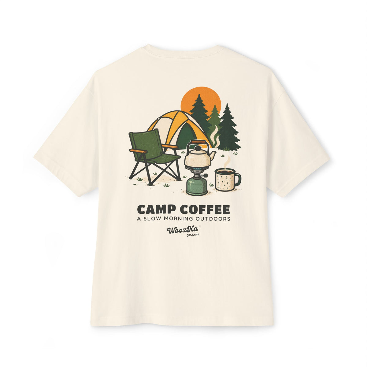 WoozKa Brands Camp Coffee Camping Oversized Boxy T-Shirt, Two-Sided Graphic
