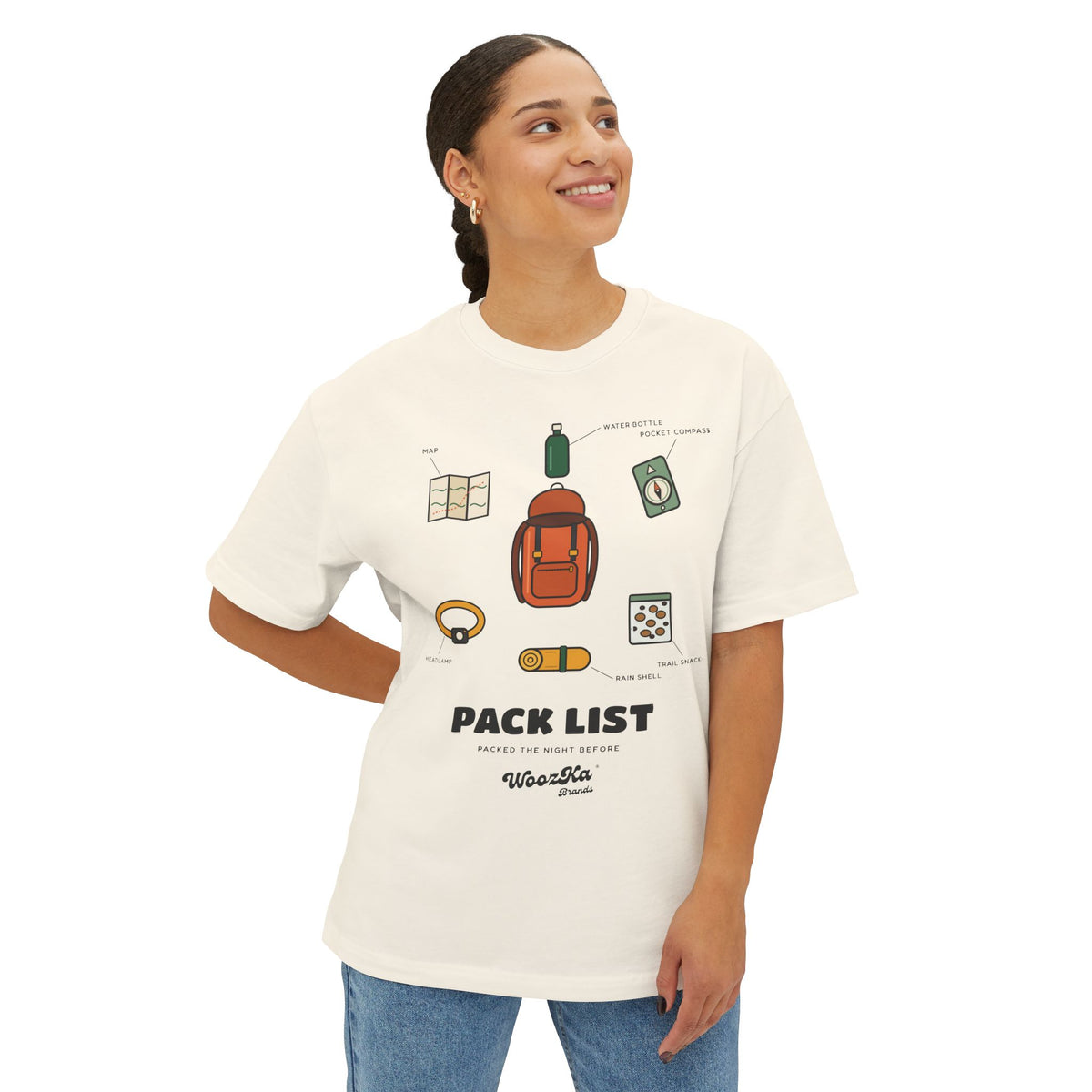 WoozKa Brands Hiking Oversized Tee, Backpacking Gear List Front Print