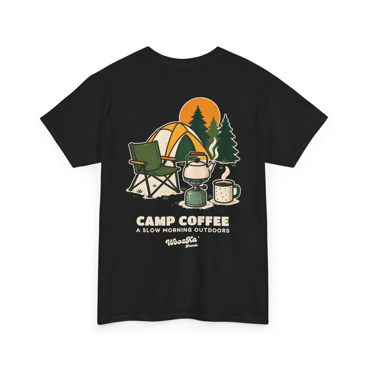 WoozKa Brands Camp Coffee Camping Heavy Cotton T-Shirt, Two-Sided Graphic