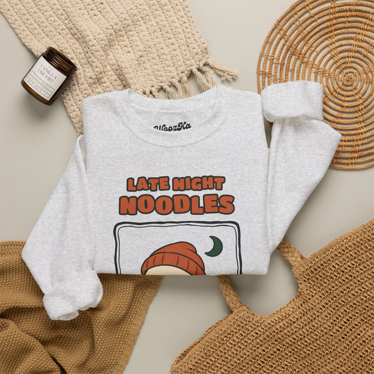 WoozKa Brands Late Night Noodles Ghost Crewneck Sweatshirt, Front Graphic