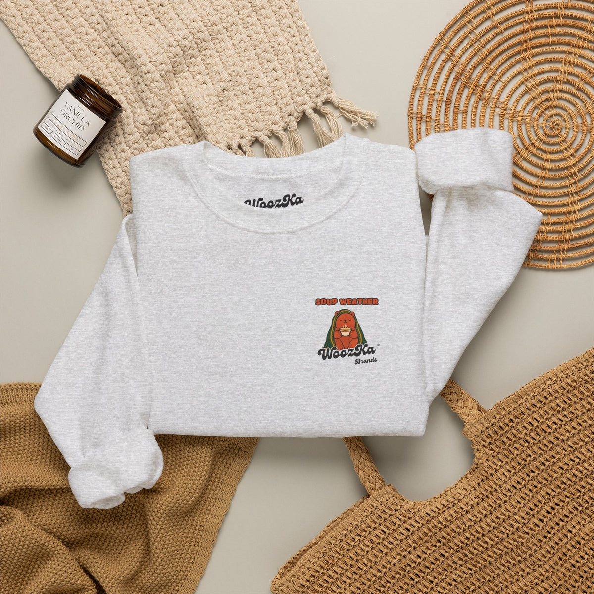 WoozKa Brands Soup Weather Bear Crewneck Sweatshirt, Front and Back Graphic