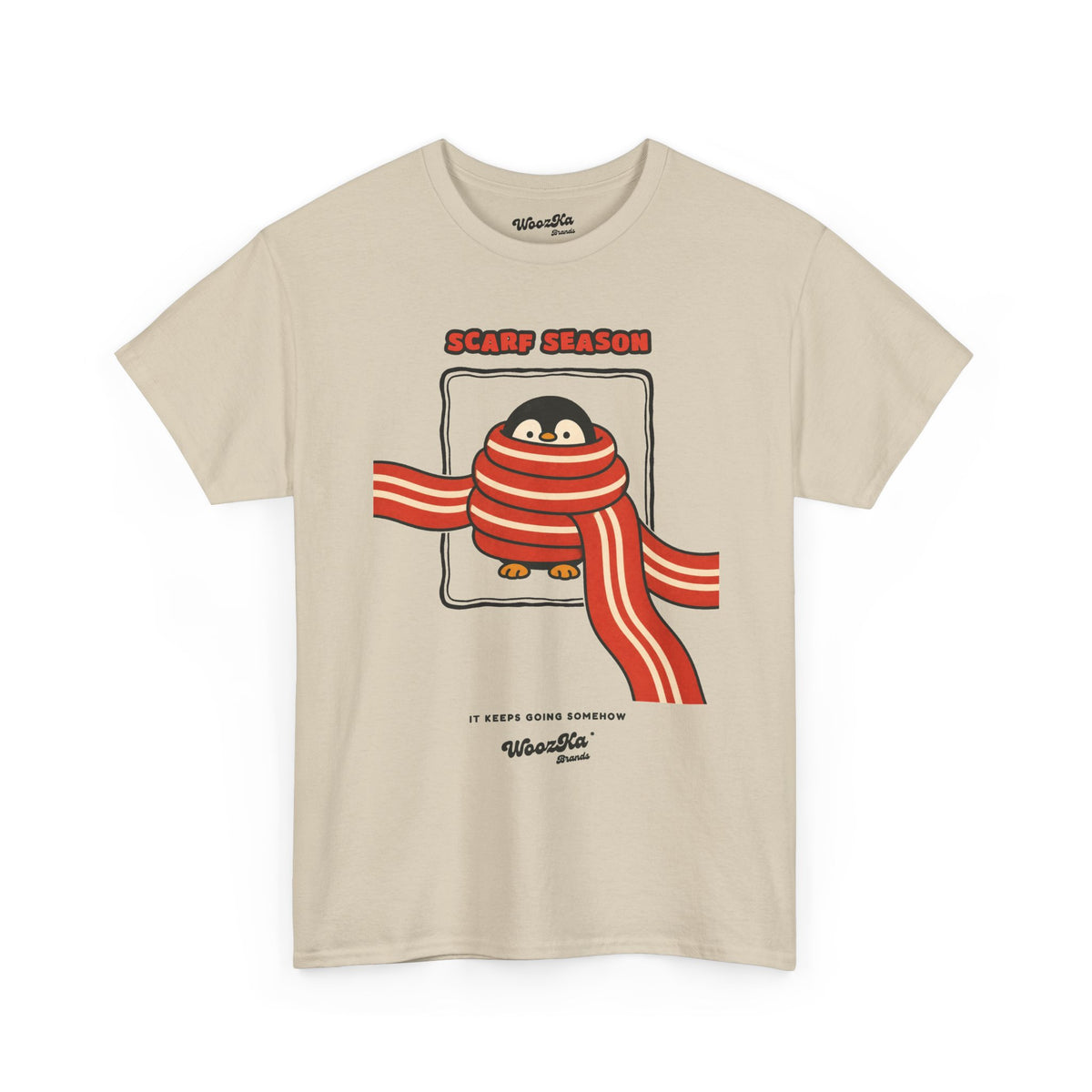 WoozKa Brands Scarf Season Penguin Heavy Cotton T-Shirt, Front Graphic