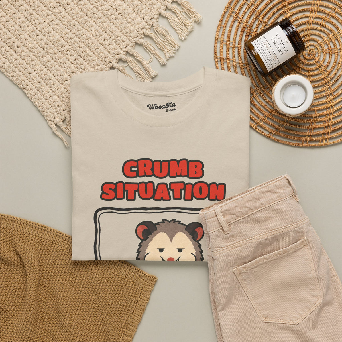 WoozKa Brands Crumb Situation Opossum Heavy Cotton T-Shirt, Front Graphic