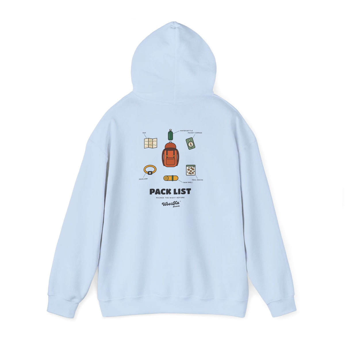 WoozKa Brands Hiking Hoodie, Backpacking Gear List Back Print