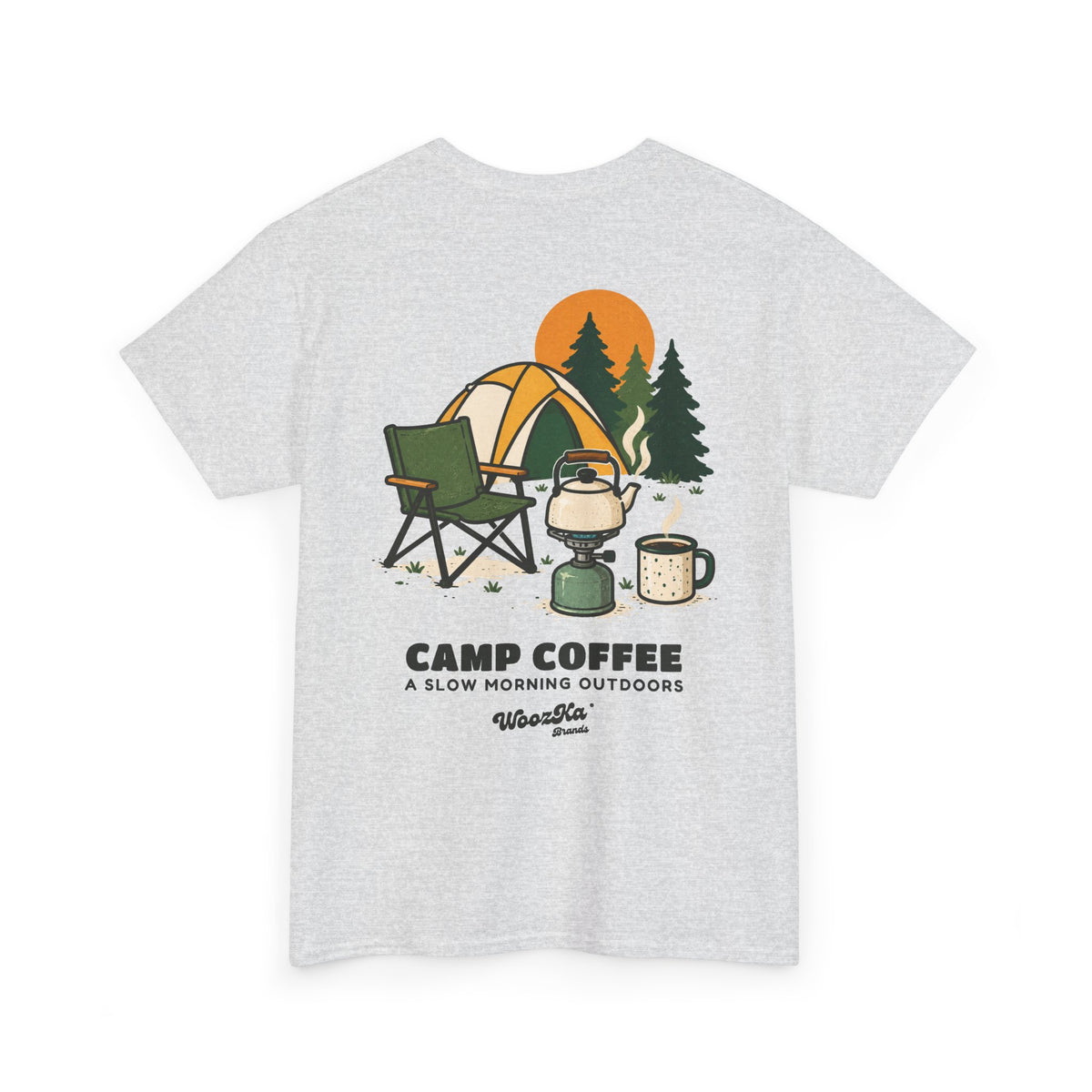 WoozKa Brands Camp Coffee Camping Heavy Cotton T-Shirt, Two-Sided Graphic