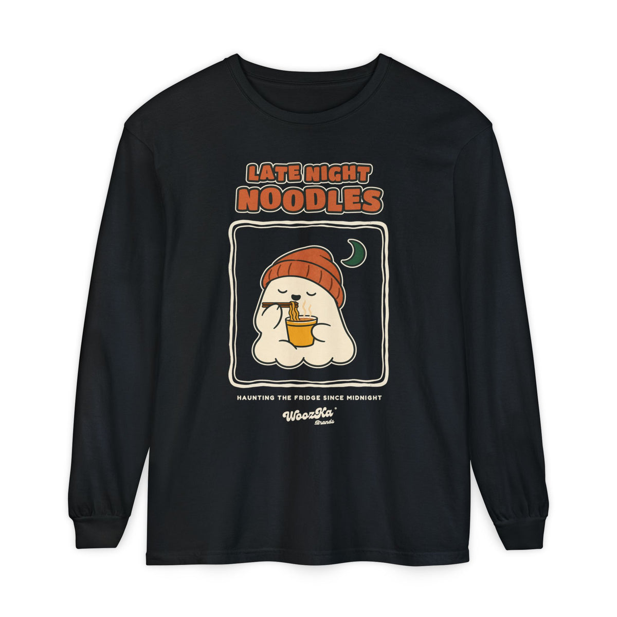 WoozKa Brands Late Night Noodles Ghost Long Sleeve T-Shirt, Front Graphic