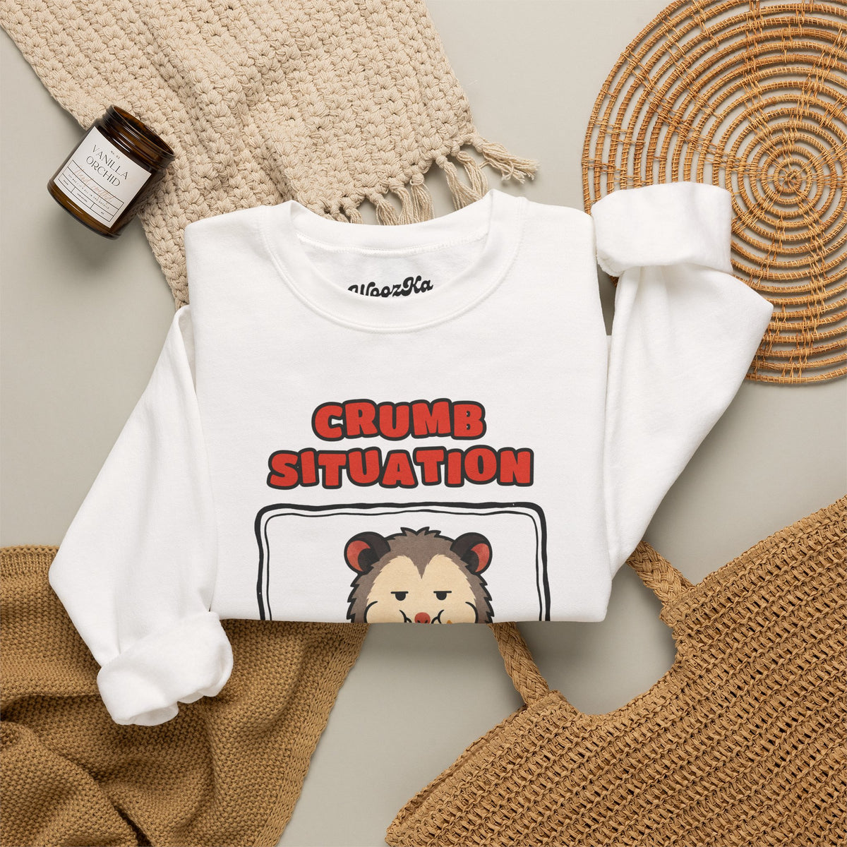 WoozKa Brands Crumb Situation Opossum Crewneck Sweatshirt, Front Graphic