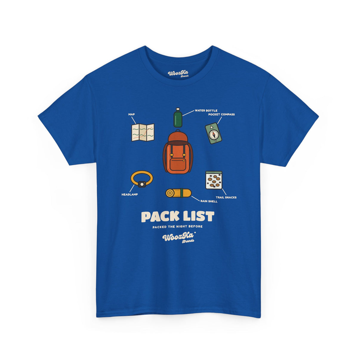 WoozKa Brands Hiking T-Shirt, Backpacking Gear List Front Print