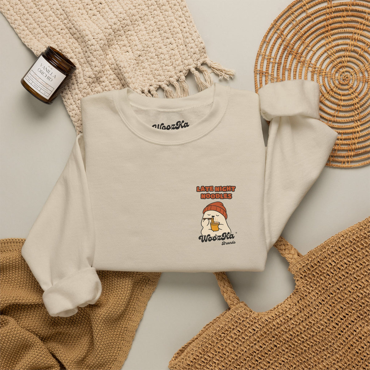 WoozKa Brands Late Night Noodles Ghost Crewneck Sweatshirt, Two-Sided