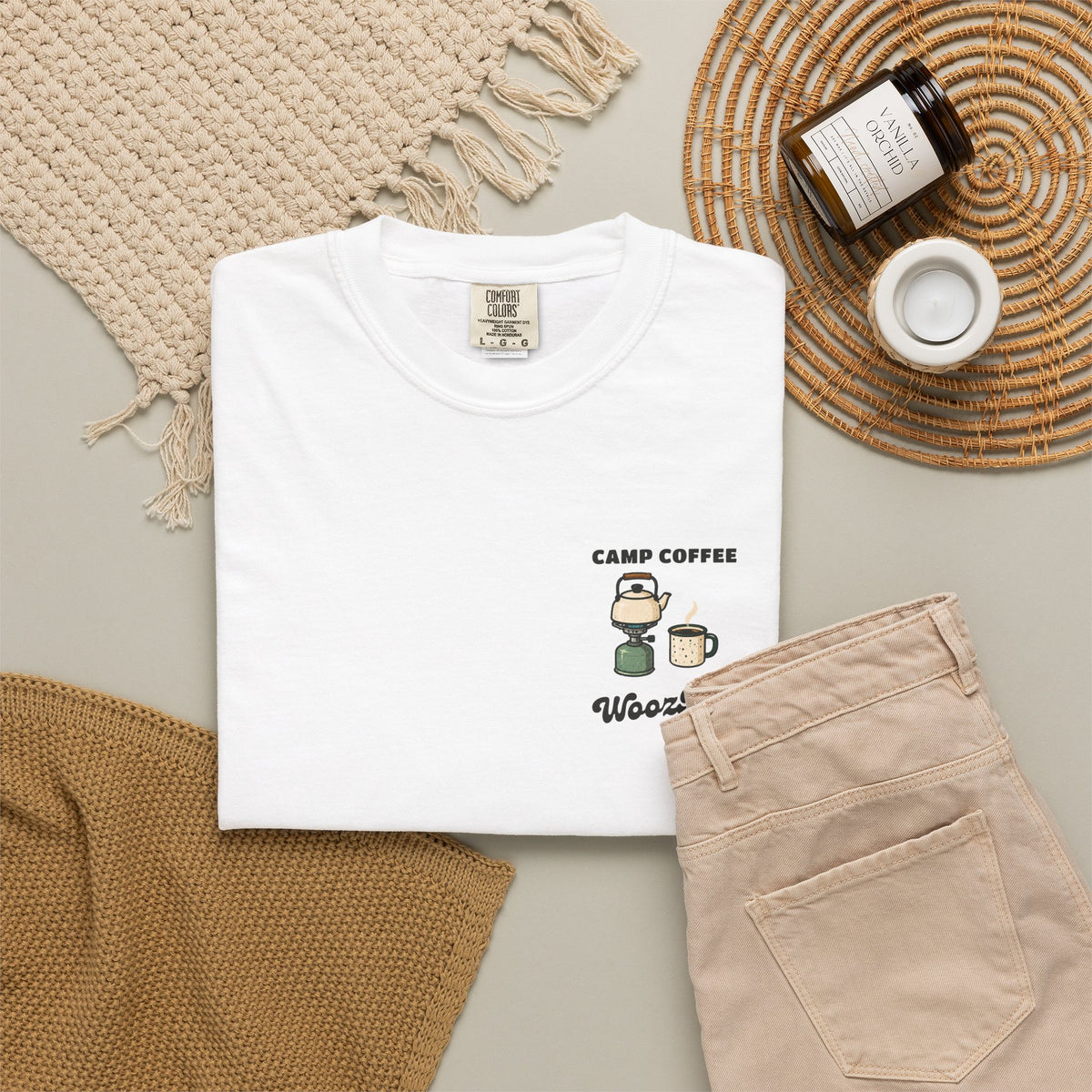 WoozKa Brands Camp Coffee Camping Garment-Dyed T-Shirt, Two-Sided Graphic