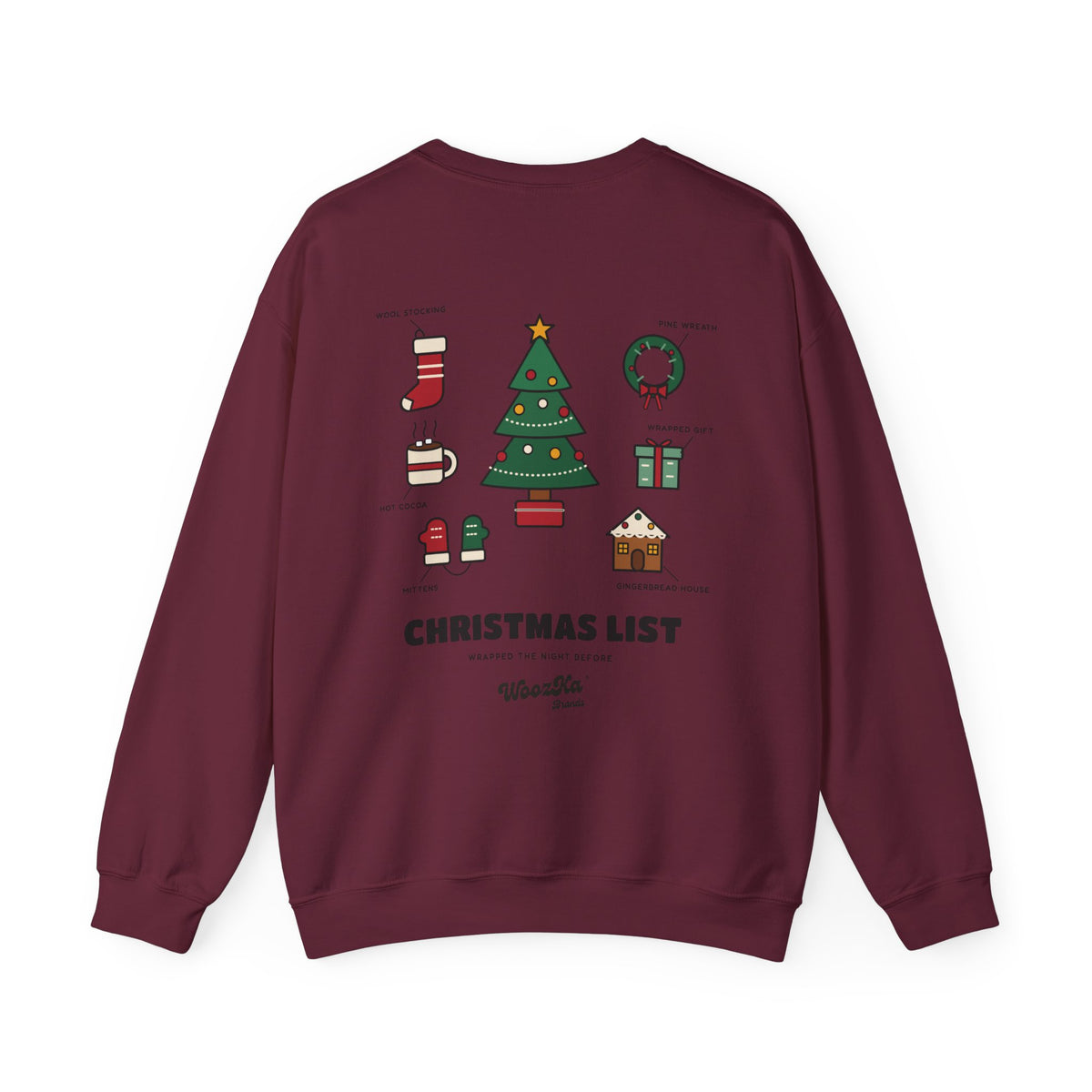 WoozKa Brands Cute Christmas Tree Sweatshirt, Holiday List Back Print
