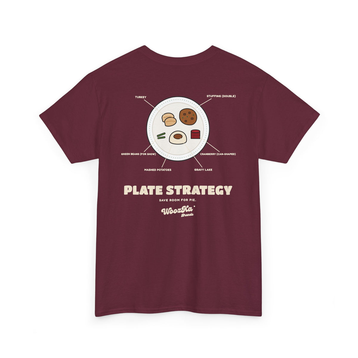 WoozKa Brands Funny Thanksgiving T-Shirt, Turkey Dinner Plate Back Print