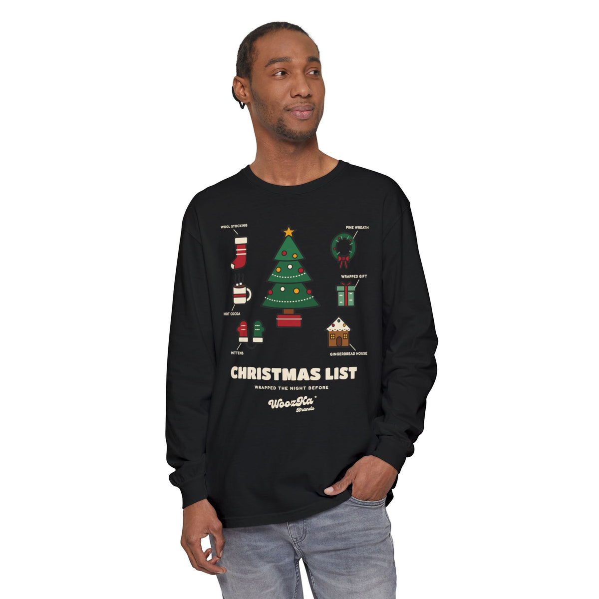 WoozKa Brands Cute Christmas Tree Long Sleeve Tee, Holiday List Front Print