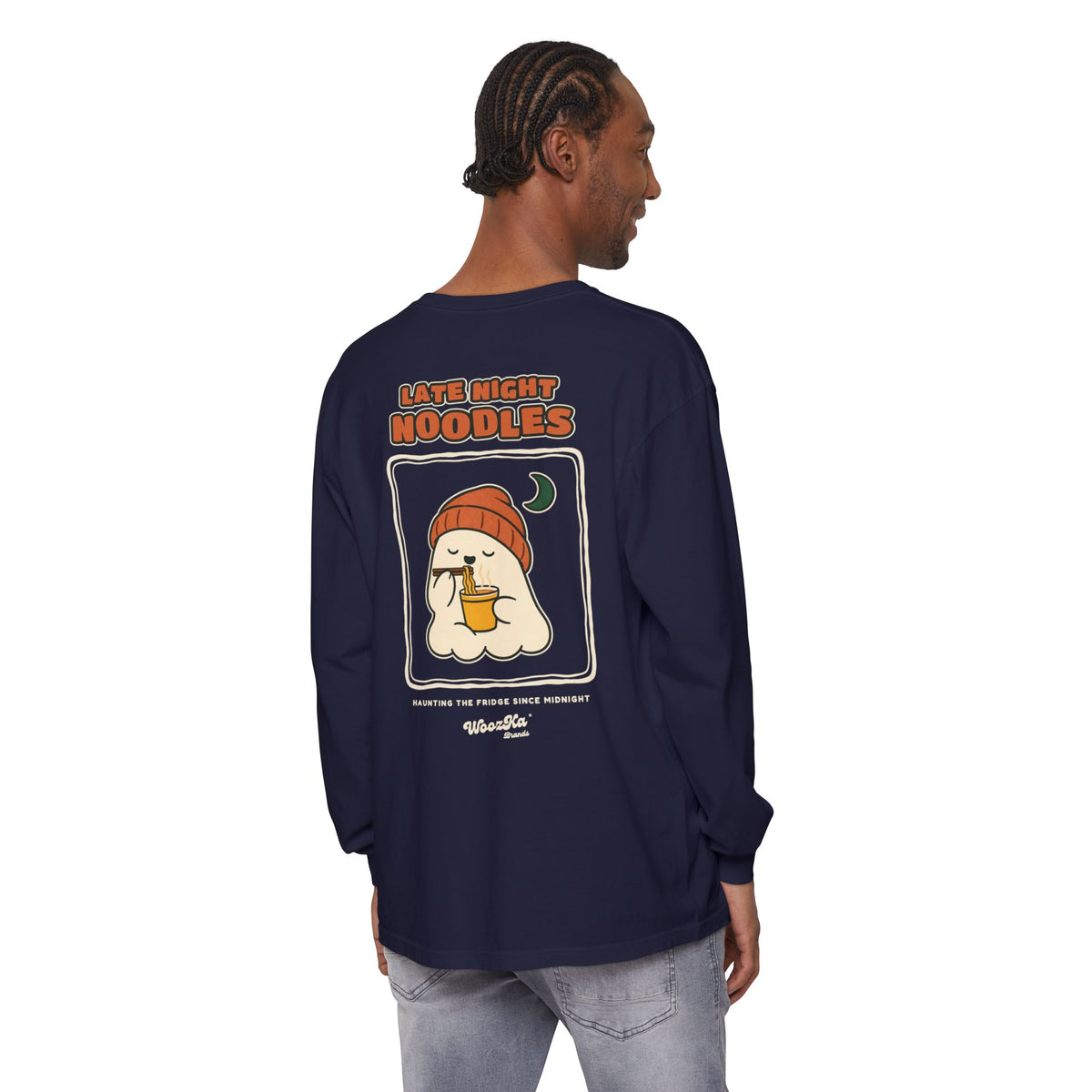 WoozKa Brands Late Night Noodles Ghost Long Sleeve T-Shirt, Two-Sided