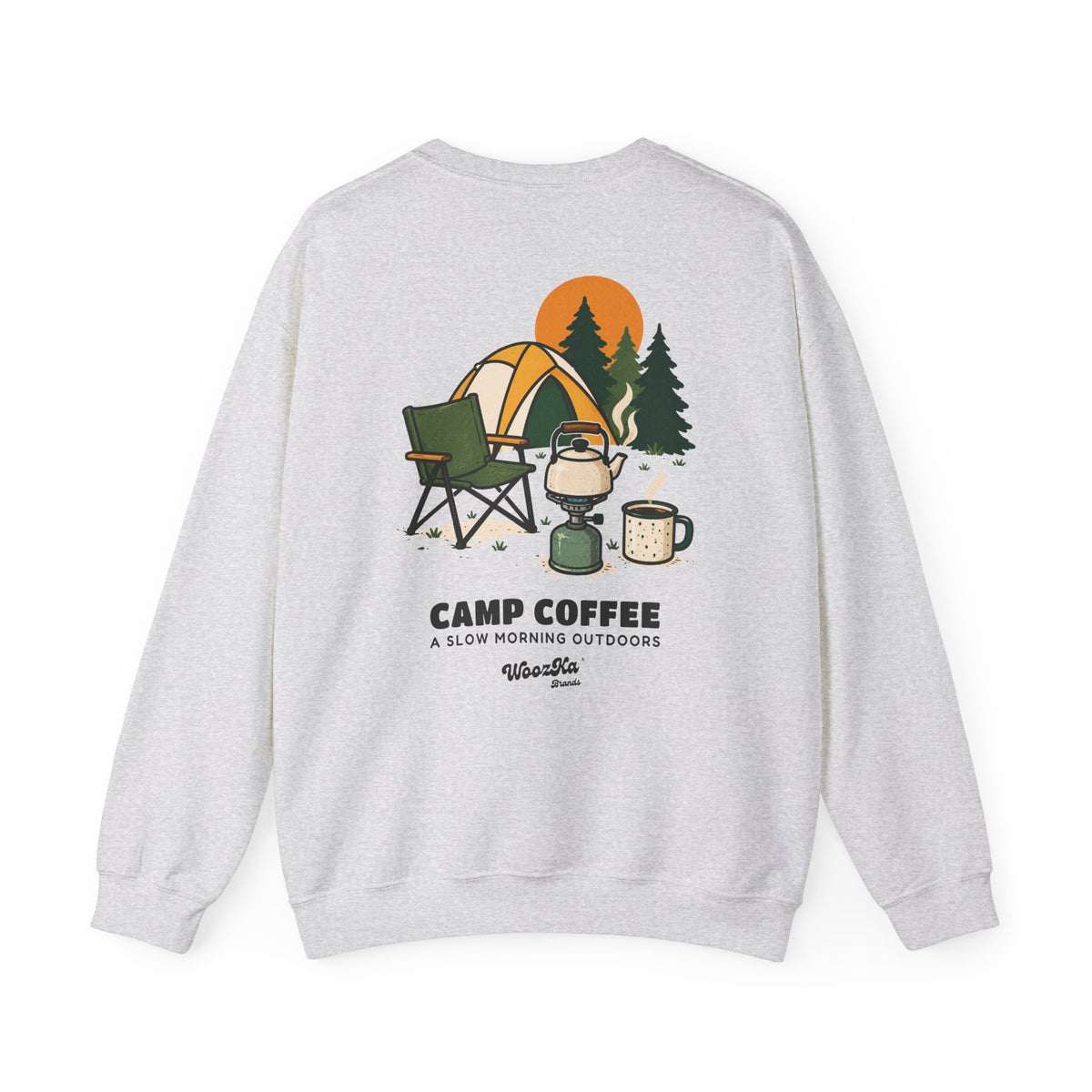 WoozKa Brands Camp Coffee Camping Crewneck Sweatshirt, Two-Sided Graphic