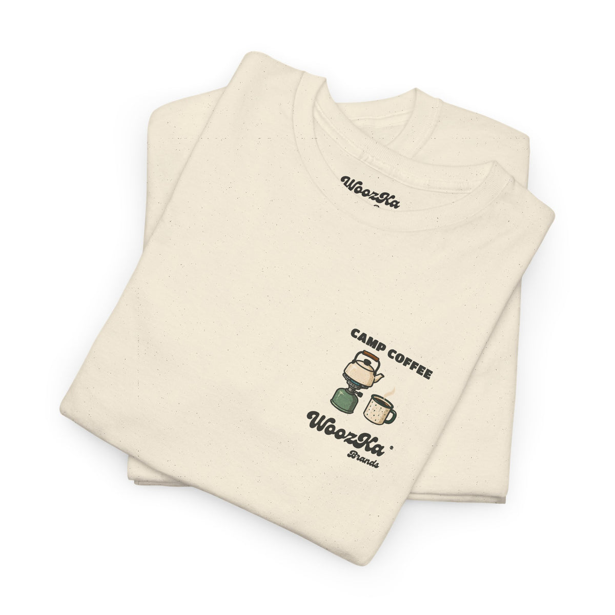 WoozKa Brands Camp Coffee Camping Heavy Cotton T-Shirt, Two-Sided Graphic
