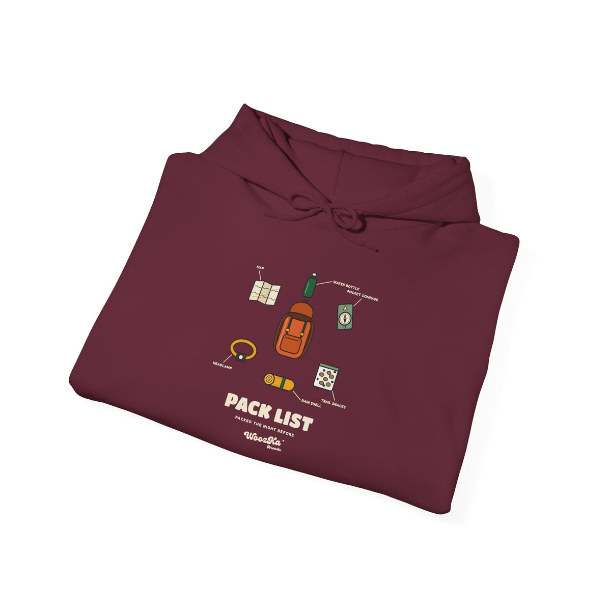 WoozKa Brands Hiking Hoodie, Backpacking Gear List Front Print