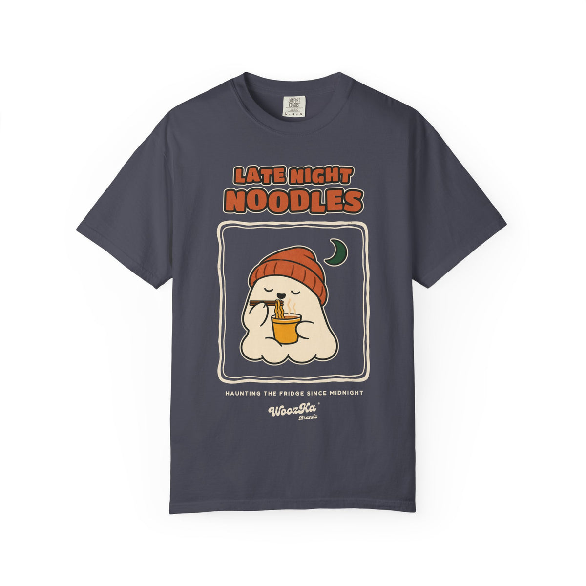 WoozKa Brands Late Night Noodles Ghost Garment-Dyed T-Shirt, Front Graphic