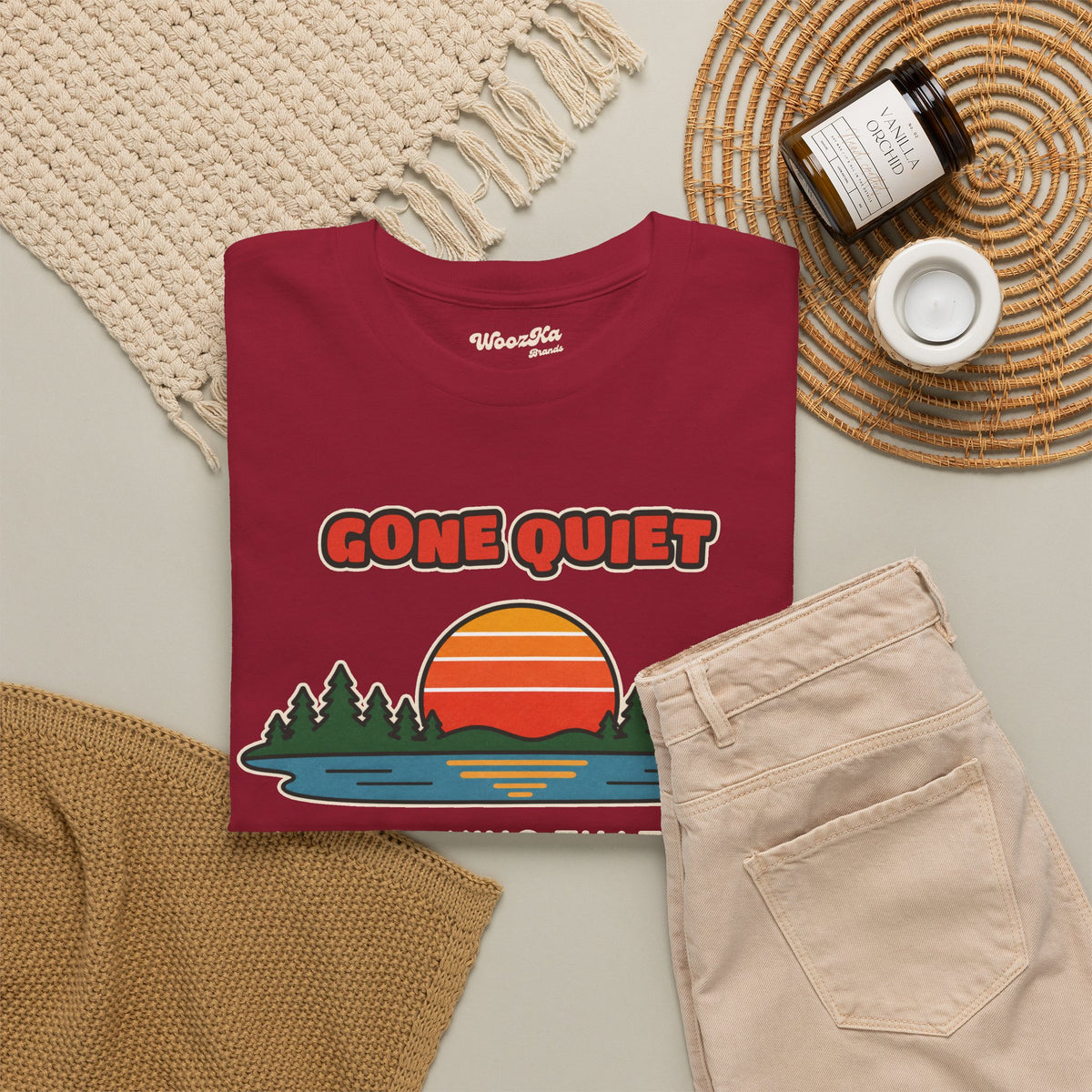 WoozKa Brands Retro Sunset Lake T-Shirt, Nature Outdoors Pine Front Print